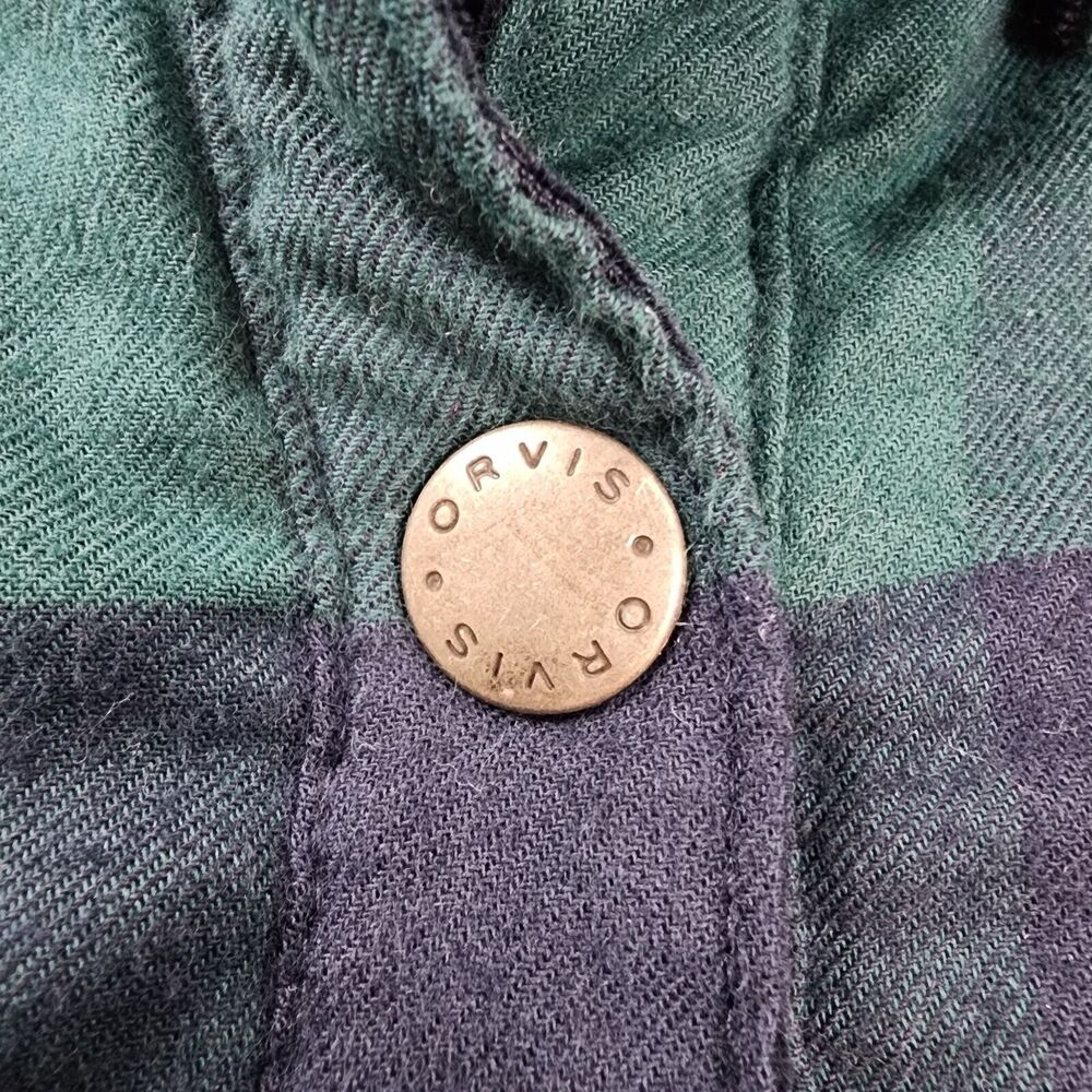 Orvis Shirt Womens Small Blue Green Plaid Fleece Lined Snap Shacket Elbow Patch - Picture 12 of 16
